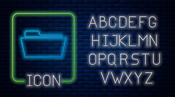 Glowing neon Folder icon isolated on brick wall background. Neon light alphabet. Vector Illustration — Stock Vector
