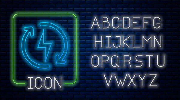 Сяюча неонова піктограма перезарядки ізольована на фоні цегляної стіни. Електроенергетичний знак. Неоновий легкий алфавіт. Векторна ілюстрація — стоковий вектор