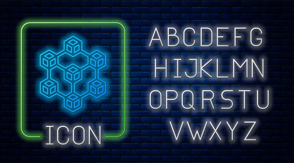 Świecąca Neon ikona technologii Blockchain izolowane na tle muru ceglanego. Dane kryptowaluta. Abstrakcyjny łańcuch geometryczny sieci technologii biznesowych. Neon światła alfabetu. Ilustracja wektorowa — Wektor stockowy