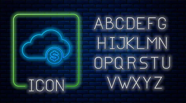 Brilhante neon Criptomoeda ícone de mineração nuvem isolada no fundo da parede de tijolo. Tecnologia Blockchain, bitcoin, mercado monetário digital, carteira cryptocoin. Alfabeto claro de néon. Ilustração vetorial —  Vetores de Stock