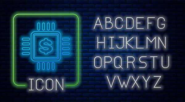 Leuchtender Neon-Prozessor-Chip mit Dollar-Symbol isoliert auf Ziegelwand-Hintergrund. cpu und ein Dollarzeichen. Neonlicht-Alphabet. Vektorillustration — Stockvektor