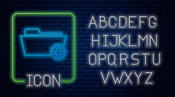 Néon brilhante Pasta de registro de saúde médica para ícone de cuidados de saúde isolado no fundo da parede de tijolo. Ícone de arquivo do paciente. Símbolo de história médica. Alfabeto claro de néon. Ilustração vetorial — Vetor de Stock
