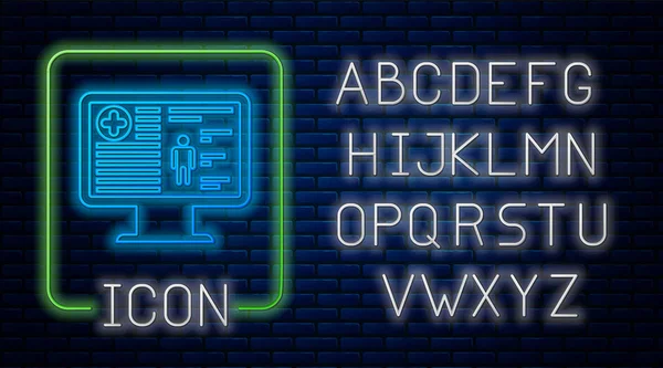 Świecące Neon medyczny rekord kliniczny na ikonę monitora izolowane na tle muru ceglanego. Forma ubezpieczenia zdrowotnego. Recepty, medyczne znaczniki kontroli zgłosić. Neon światła alfabetu. Ilustracja wektorowa — Wektor stockowy