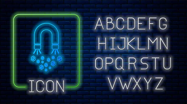 Leuchtender Neon-Magnet mit Geldsymbol isoliert auf Ziegelwand-Hintergrund. Konzept der Anziehung von Investitionen, Geld. Großunternehmen profitieren von Attraktivität und Erfolg. Neonlicht-Alphabet. Vektorillustration — Stockvektor