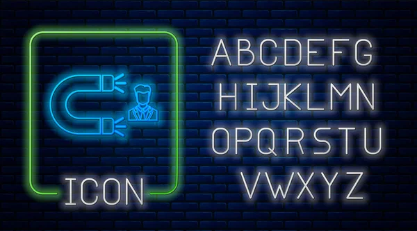 Brilhante neon Cliente atraindo ícone isolado no fundo da parede de tijolo. Retenção de clientes, suporte e serviço. O cliente atrai com íman. Alfabeto claro de néon. Ilustração vetorial — Vetor de Stock