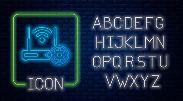 Roteador de néon brilhante e sinal wi-fi e ícone de engrenagem no fundo da parede de tijolo. Ajustar aplicativo, conceito de serviço, opções de configuração, manutenção, reparo, fixação. Alfabeto claro de néon. Ilustração vetorial — Vetor de Stock