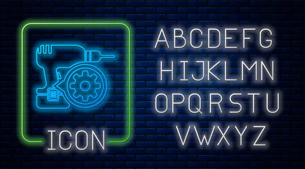 Świecące neonowe Wiertarka i ikona koła zębatego izolowane na tle muru ceglanego. Dostosowanie aplikacji, koncepcja serwisowa, opcje ustawień, konserwacja, naprawa, mocowanie. Neon światła alfabetu. Ilustracja wektorowa — Wektor stockowy