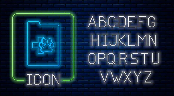 Zářící neonové schránky s lékařským klinickým záznamem na pozadí cihlové zdi. Formulář zdravotního pojištění. Lékařský kontrolní známky. Neonová lehká abeceda. Vektorová ilustrace — Stockový vektor