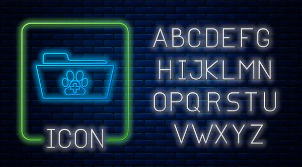 Lumineux néon médical dossier vétérinaire icône isolée sur fond de mur de briques. Empreinte de patte de chien ou chat. Document pour animal domestique. Icône du dossier patient. Alphabet néon. Illustration vectorielle — Image vectorielle