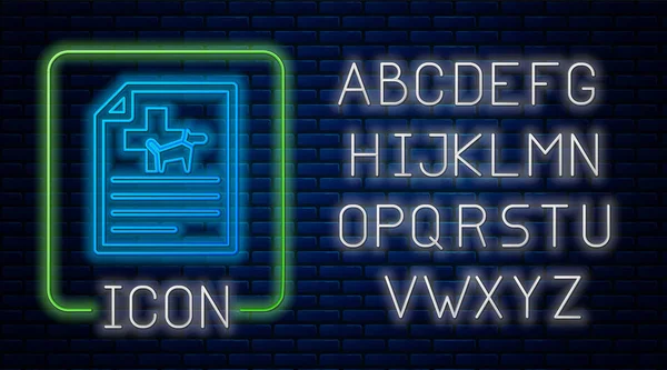 Zářící neonové lékařské osvědčení pro cestování s ikonou psa nebo kočky izolované na pozadí cihlové zdi. Dokument pro mazlíčka. Neonová lehká abeceda. Vektorová ilustrace — Stockový vektor