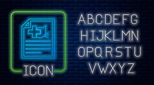 Zářící neonové lékařské osvědčení pro cestování s ikonou psa nebo kočky izolované na pozadí cihlové zdi. Dokument pro mazlíčka. Neonová lehká abeceda. Vektorová ilustrace — Stockový vektor