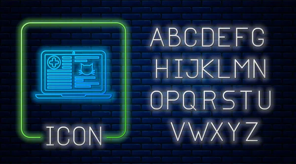 Néon brilhante Registro clínico médico gato no ícone laptop isolado no fundo da parede de tijolo. Formulário de seguro de saúde. Prescrição, relatório de marcas médicas. Alfabeto claro de néon. Ilustração vetorial — Vetor de Stock