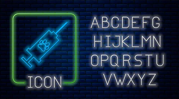Seringa de néon brilhante com ícone de vacina animal de estimação isolado no fundo da parede de tijolo. Impressão de pata de cão ou gato. Alfabeto claro de néon. Ilustração vetorial — Vetor de Stock