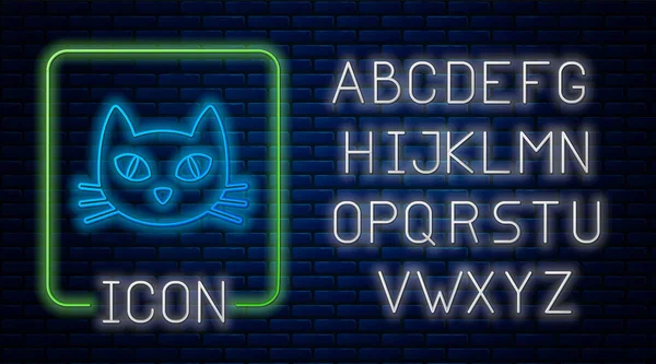 Leuchtende Neon-Katze Symbol isoliert auf Backstein-Wand-Hintergrund. Neonlicht-Alphabet. Vektorillustration — Stockvektor