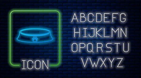 Tuğla duvar arka plan izole kedi veya köpek simgesi için Parlayan neon Pet gıda kase. Köpek ya da kedi pençesi izi. Neon ışık alfabesi. Vektör İllüstrasyonu — Stok Vektör