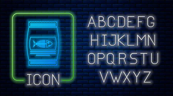 Saco de neon brilhante de comida para o ícone do gato isolado no fundo da parede de tijolo. Sinal de esqueleto de peixe. Comida para animais. Pacote de alimentos para animais. Alfabeto claro de néon. Ilustração vetorial —  Vetores de Stock