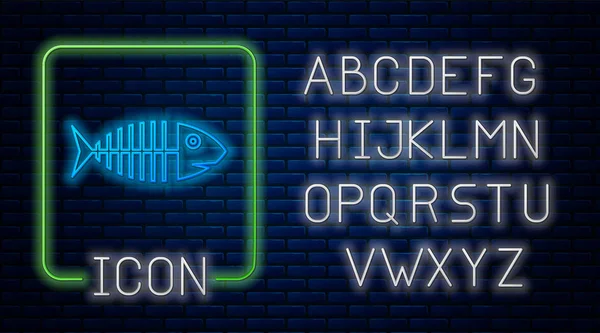 Gloeiende neon vis skelet pictogram geïsoleerd op bakstenen muur achtergrond. Vis bot teken. Neon licht alfabet. Vector illustratie — Stockvector