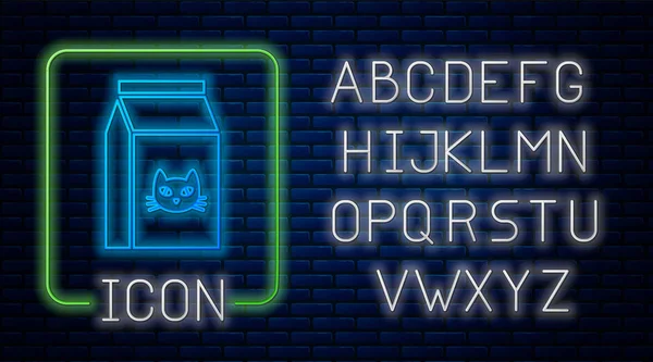 Leuchtende Neon-Tüte mit Futter für Katzen-Ikone isoliert auf Backsteinwand Hintergrund. Futter für Tiere. Tierfutter-Paket. Neonlicht-Alphabet. Vektorillustration — Stockvektor