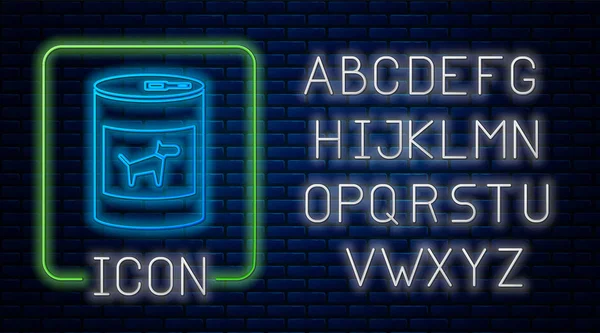Izzó neon konzervált étel részére kutya ikon elszigetelt-ra tégla fal háttér. Táplálék az állatoknak. Kedvtelésből tartott kutya étel is. Neonfény ábécé. Vektoros illusztráció — Stock Vector