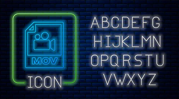 Glühende Neon mov Akte Dokument. herunterladen mov button icon isoliert auf Ziegelwand Hintergrund. mov-Dateisymbol. Audio- und Videosammlung. Neonlicht-Alphabet. Vektorillustration — Stockvektor