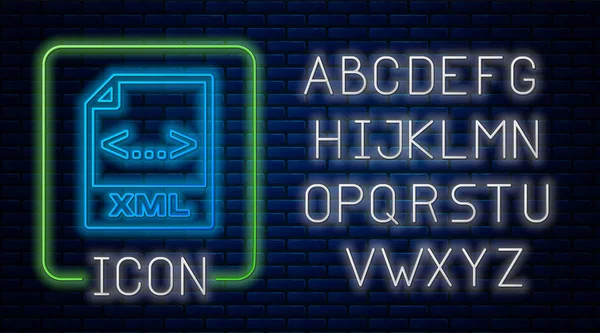 Gloeiende neon XML-bestands document. Download XML-knoppictogram geïsoleerd op bakstenen muur achtergrond. XML-bestands symbool. Neon licht alfabet. Vector illustratie — Stockvector