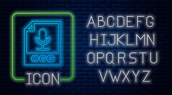 Glowing neon OGG file document. Иконка кнопки выделена на фоне стены брика. Символ файла OGG. Неоновый легкий алфавит. Векторная миграция — стоковый вектор