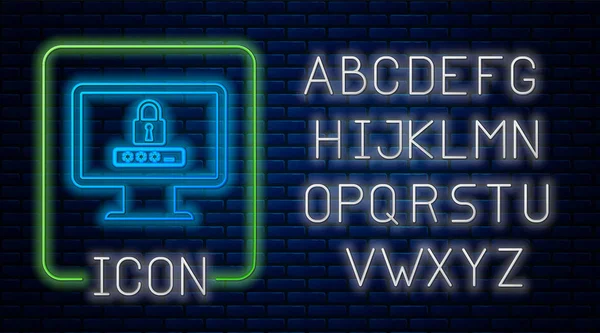 Leuchtender Neon-Monitor mit Passwort-Benachrichtigung und Schloss-Symbol isoliert auf Ziegelwand-Hintergrund. Sicherheit, persönlicher Zugang, Benutzerberechtigung, Login-Formular. Neonlicht-Alphabet. Vektorillustration — Stockvektor