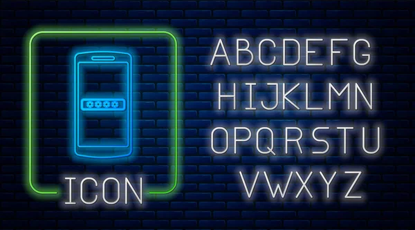 Parlayan neon Cep telefonu ve şifre koruma simgesi tuğla duvar arka planda izole. Güvenlik, güvenlik, kişisel erişim, kullanıcı izni, gizlilik. Neon ışık alfabesi. Vektör İllüstrasyonu — Stok Vektör