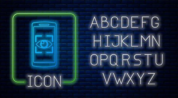 Leuchtende Leuchtneon-Handy und Auge-Scan-Symbol isoliert auf Backsteinwand Hintergrund. Augen abtasten. Sicherheitsüberprüfungssymbol. Cyber-Augenzeichen. Neonlicht-Alphabet. Vektorillustration — Stockvektor