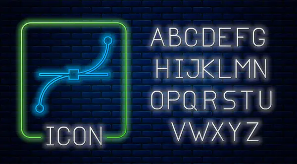 Leuchtende Neon-Bezier-Kurve Symbol isoliert auf Backsteinwand Hintergrund. Stift-Werkzeug-Symbol. Neonlicht-Alphabet. Vektorillustration — Stockvektor