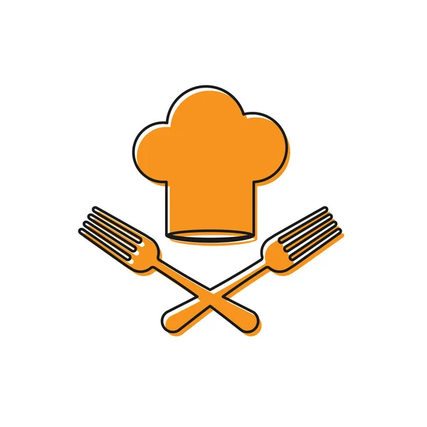 Chapéu laranja Chef e ícone de garfo cruzado isolado no fundo branco. Símbolo de cozinha. Menu de restaurante. Chapéu dos cozinheiros. Ilustração vetorial — Vetor de Stock