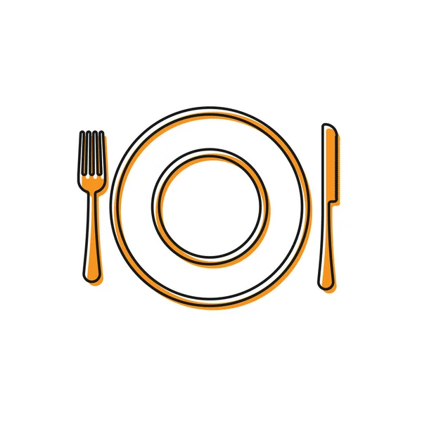 Placa naranja, tenedor y cuchillo icono aislado sobre fondo blanco. Símbolo de cubertería. Signo del restaurante. Ilustración vectorial — Vector de stock