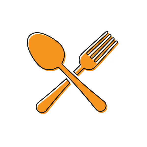 Orange Crossed fork and spoon icon isolated on white background. Cooking utensil. Cutlery sign. Vector Illustration — Stock Vector