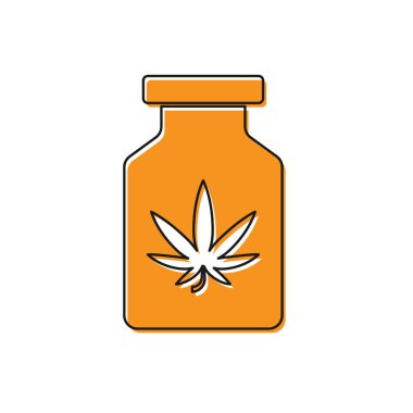 Beyaz arka planda marihuana ya da kenevir yaprağı ikonu bulunan turuncu tıbbi şişe. Kavanozlardaki kenevir yağı özlerini taklit et. Vektör İllüstrasyonu