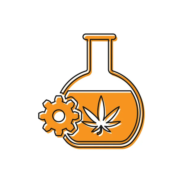 Πορτοκαλί χημικός δοκιμαστικοί σωλήνες με το εικονίδιο της μαριχουάνας ή του φύλλου κάνναβης απομονώνεται σε λευκό φόντο. Η ιδέα της έρευνας. Εργαστηριακή ιδέα του πετρελαίου CBD. Απεικόνιση διανυσματικών φορέων — Διανυσματικό Αρχείο