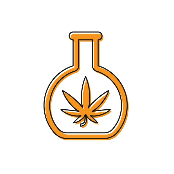 Tubo de ensayo Orange Chemical con marihuana o icono de hoja de cannabis aislado sobre fondo blanco. Concepto de investigación. Concepto de aceite de CBD de laboratorio. Ilustración vectorial — Vector de stock