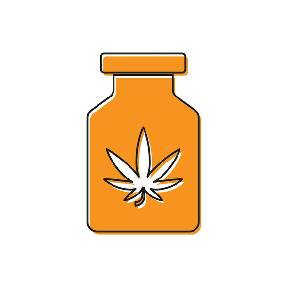 Beyaz arka planda marihuana ya da kenevir yaprağı ikonu bulunan turuncu tıbbi şişe. Kavanozlardaki kenevir yağı özlerini taklit et. Vektör İllüstrasyonu — Stok Vektör