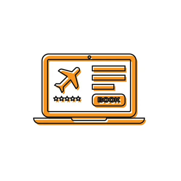 Orangefarbener Laptop mit elektronischem Bordkartensymbol auf weißem Hintergrund. Handyticket für das Passagierflugzeug für Web und App. Vektorillustration — Stockvektor