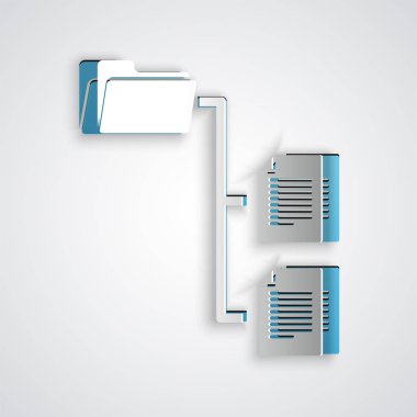 Kağıt kesme Klasör ağacı simgesi gri arka planda yalıtılmış. Bilgisayar ağı dosya klasörü organizasyon yapısı akış şeması. Kağıt sanat tarzı. Vektör İllüstrasyonu