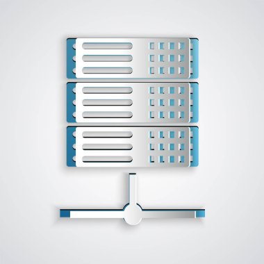 Kağıt kesme Sunucusu, Data, Web sunucu simgesi gri arkaplanda izole edildi. Kağıt sanatı tarzı. Vektör İllüstrasyonu