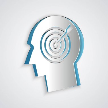 Kağıt gri arka plan üzerinde izole Baş avcılık kavram simgesi kesti. İş hedefi veya İstihdam işareti. İnsan kaynakları ve iş için işe alım. Kağıt sanat tarzı. Vektör İllüstrasyonu