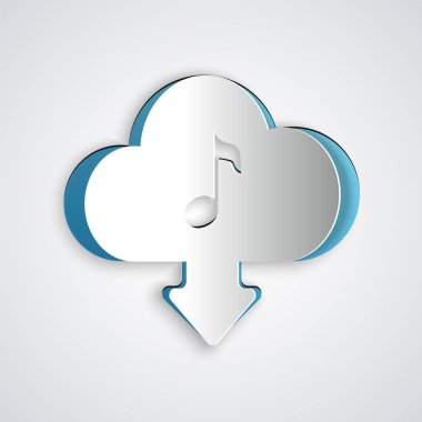 Kağıt kesme Bulut indir müzik simgesi gri arka planda izole. Müzik akış hizmeti, ses bulutbilgisi, çevrimiçi medya akışı, ses dalgası. Kağıt sanat tarzı. Vektör İllüstrasyonu