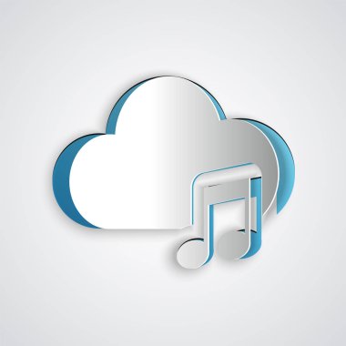 Kağıt kesme Müzik akış hizmeti simgesi gri arka planda yalıtılmış. Ses bulut bilgi işlem, online medya akışı, online şarkı, ses dalgası. Kağıt sanat tarzı. Vektör İllüstrasyonu