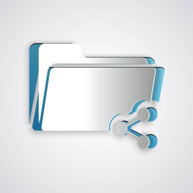 Kağıt kesme Gri arka planda yalıtılmış klasör simgesipaylaş. Klasör paylaşımı. Klasör aktarım işareti. Kağıt sanat tarzı. Vektör İllüstrasyonu