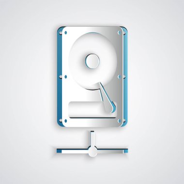 Kağıt, gri arka planda yalıtılmış paylaşım ağı simgesiüzerinde Sabit disk sürücüsükesti. Kağıt sanat tarzı. Vektör İllüstrasyonu