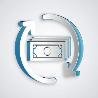 Kağıt kesme Para iadesi para simgesi gri arka plan üzerinde izole. Finansal hizmetler, nakit iade kavramı, para iadesi, yatırım getirisi, tasarruf hesabı. Kağıt sanat tarzı. Vektör İllüstrasyonu
