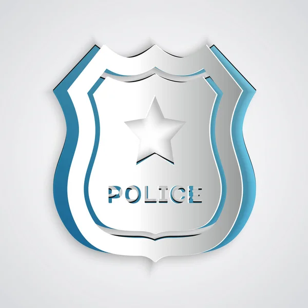 Paper cut Police badge icon isolated on grey background. Sheriff badge sign. Paper art style. Vector Illustration — Stock Vector