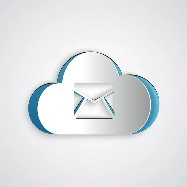 Corte de papel Icono del servidor de correo Cloud aislado sobre fondo gris. Alojamiento de servidores en la nube para correo electrónico. Servicio de mensajes en línea. Señal de buzón. Estilo de arte de papel. Ilustración vectorial — Archivo Imágenes Vectoriales