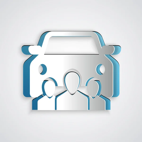 Paper cut Car sharing with group of people icon isolated on grey background. Carsharing sign. Transport renting service concept. Paper art style. Vector Illustration — Stock Vector