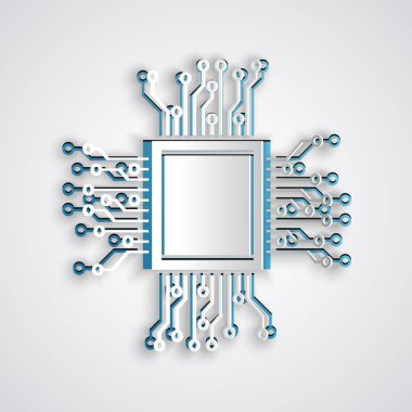 Kağıt kesiği İşlemci simgesi gri arkaplanda izole edildi. İşlemci, merkezi işlem birimi, mikroçip, mikro devre, bilgisayar işlemcisi, çip. Kağıt sanatı tarzı. Vektör İllüstrasyonu